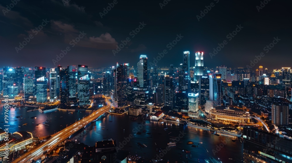 Aerial view of a smart city skyline bustling with activity, illuminated at night with edge computing sensors and devices embedded