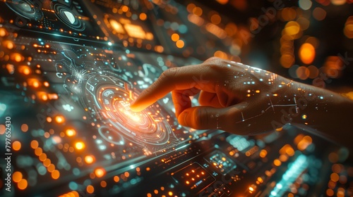 a finger pointing at a futuristic transparent screen, resembling a scene from a sci-fi blockbuster, with reflections of the futuristic environment visible on the screen's surface