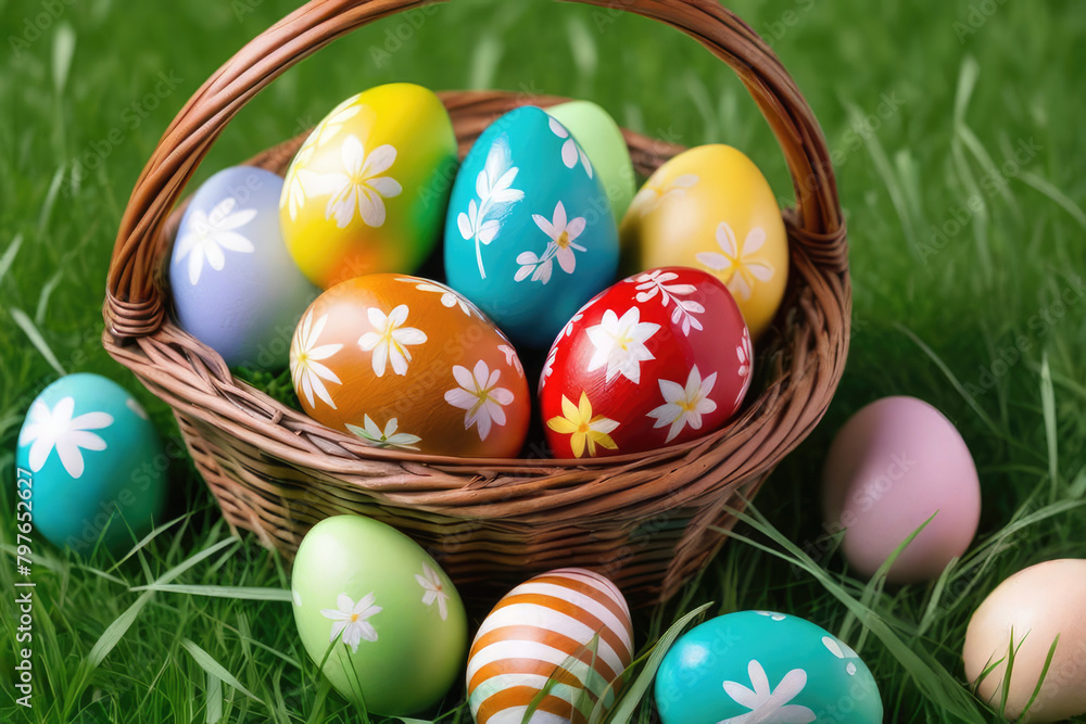 Easter eggs in a basket in the meadow