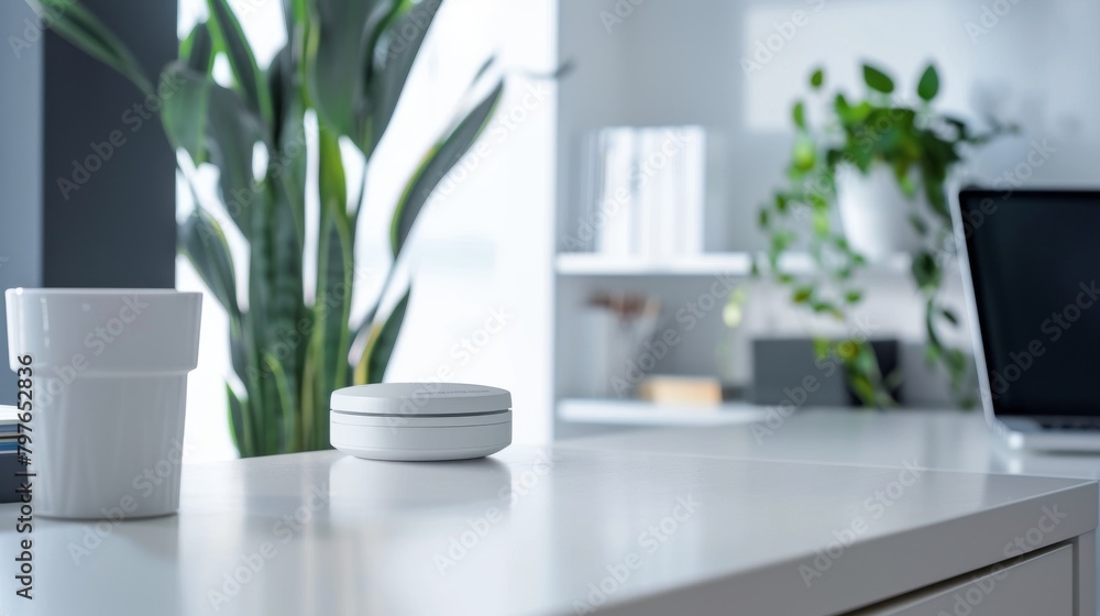 Brightly lit setting featuring an informative health monitoring device on a minimalist white desk, focusing on the device s functionality and simplicity Brightly lit setting featuring an informative health monitoring device on a minimalist white desk, focusing on the device s functionality and simplicity