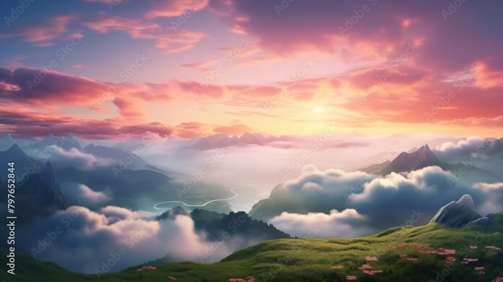 Evening sunset horizontal landscape from the top of the mountain. Green valley, clouds, pink sky. AI generated.