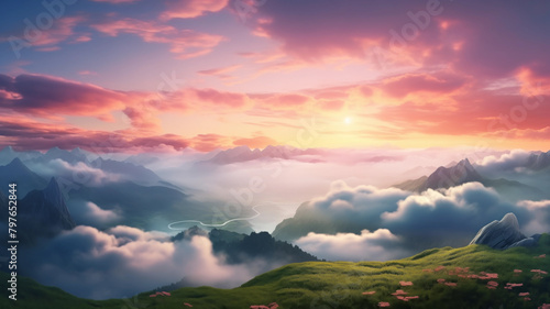 Evening sunset horizontal landscape from the top of the mountain. Green valley, clouds, pink sky. AI generated.