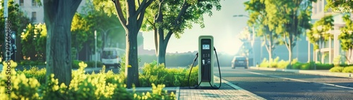 Bright, sunny day advertisement featuring an innovative electric charging station powered by solar, set in a vibrant green environment