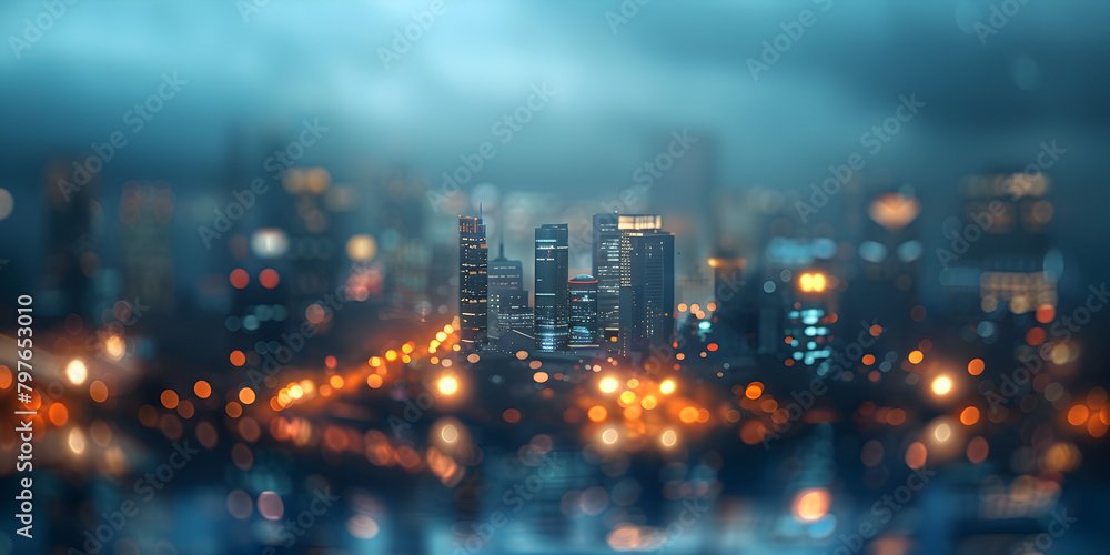 Tilt shift blur effect. Abstract futuristic cityscape with modern skyscrapers,Network connection and city scape concept City abstract line background at night ,Glowing city skyline reflects business .