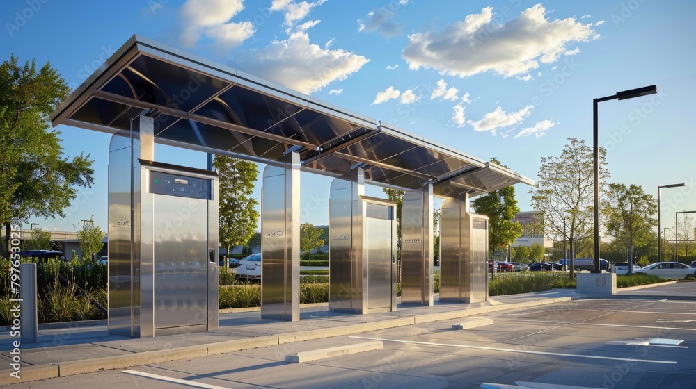 Bright silver finishes on a solarpowered electric charging station, captured in a highresolution advertising shoot to promote green energy solutions