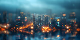 Tilt shift blur effect. Abstract futuristic cityscape with modern skyscrapers,Network connection and city scape concept City abstract line background at night ,Glowing city skyline reflects business .