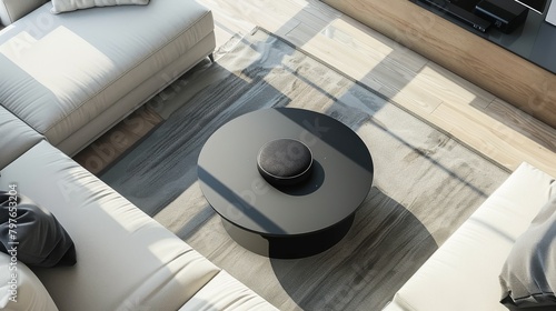 Aerial view of a smart speaker in sleek black, centered on a modern coffee table as a focal point in a techsavvy home environment photo