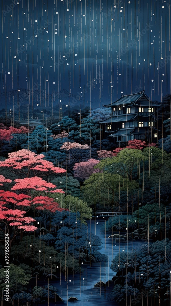 Traditional japanese vivid raining countryside landscape outdoors nature plant.