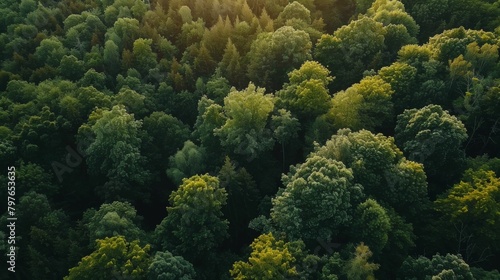 Aerial view of a peaceful forest, the earthy browns blending harmoniously with the natural setting, emphasizing tranquility and seclusion