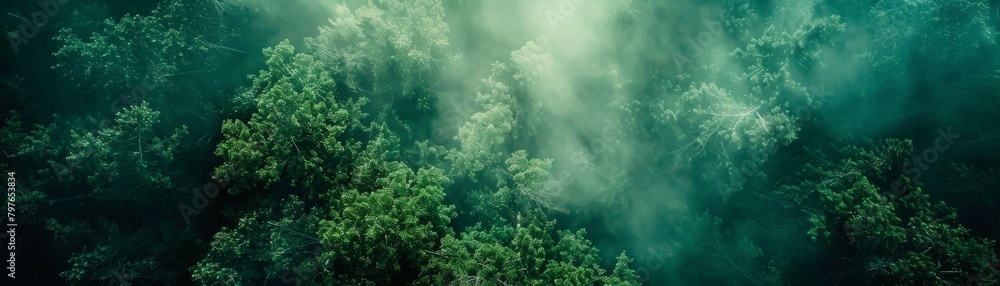 Obraz premium Aerial view of a mysterious, secluded forest, with the deep greens intensifying the mystery and allure of the hidden depths