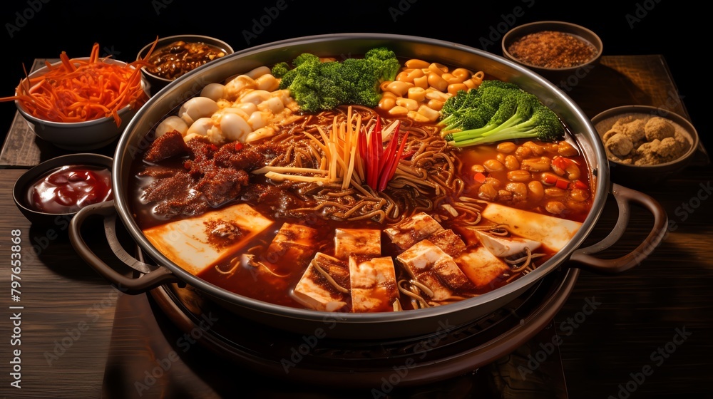 A fiery bowl of Mala hotpot, brimming with a variety of meats, tofu, and vegetables steeped in a spicy Sichuan peppercorn broth, capturing the essence of this Chinese dish A fiery bowl of Mala hotpot, brimming with a variety of meats, tofu, and vegetables steeped in a spicy Sichuan peppercorn broth, capturing the essence of this Chinese dish