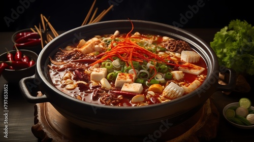 A fiery bowl of Mala hotpot, brimming with a variety of meats, tofu, and vegetables steeped in a spicy Sichuan peppercorn broth, capturing the essence of this Chinese dish
