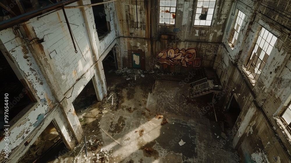 Aerial view inside an abandoned building, with faded whites highlighting the derelict and forsaken atmosphere Aerial view inside an abandoned building, with faded whites highlighting the derelict and forsaken atmosphere