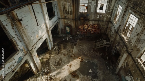 Aerial view inside an abandoned building, with faded whites highlighting the derelict and forsaken atmosphere