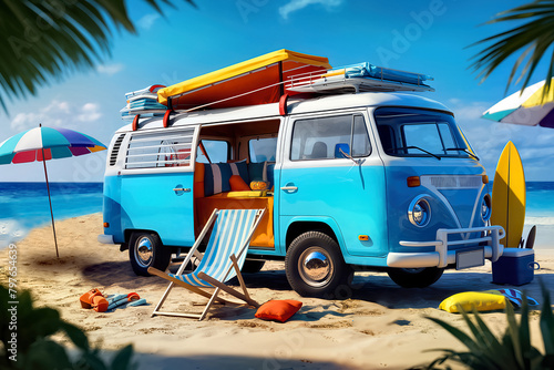A Baby Blue and White Samba Press Van Parked at the Beach with Beach Accessories on a Sunny Day photo