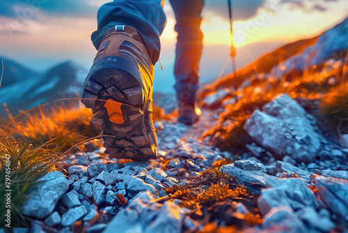 Sunlit trekker hiking nature trails with trekking pole