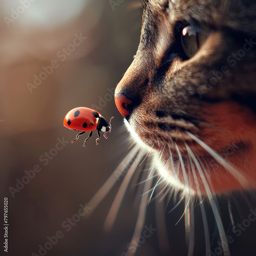 In a delicate ballet of nature, a tiny ladybug alights gracefully on the very tip of a cat's nose, creating a whimsical moment of unexpected companionship between two unlikely friends.  photo