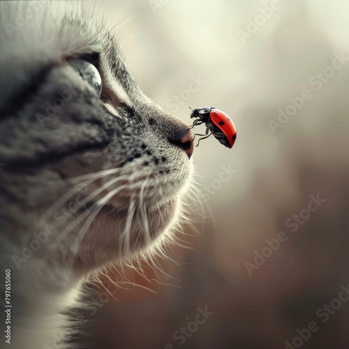 In a delicate ballet of nature, a tiny ladybug alights gracefully on the very tip of a cat's nose, creating a whimsical moment of unexpected companionship between two unlikely friends.  photo