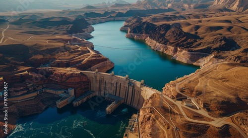 Aerial perspective showcasing the power of a dam and hydroelectric station, set against the backdrop of earthy brown hills and valleys photo
