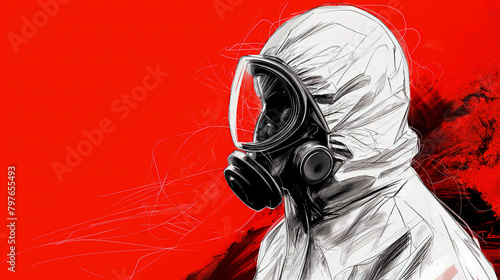 A man in a white hoodie and gas mask against a red background, drawn in pen in a simple sketchbook style, bio hazard gear. Radioactive contamination photo