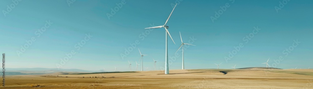 Advertising shot capturing sleek white wind turbines in an open field, symbolizing renewable energy with a clear, expansive backdrop Advertising shot capturing sleek white wind turbines in an open field, symbolizing renewable energy with a clear, expansive backdrop