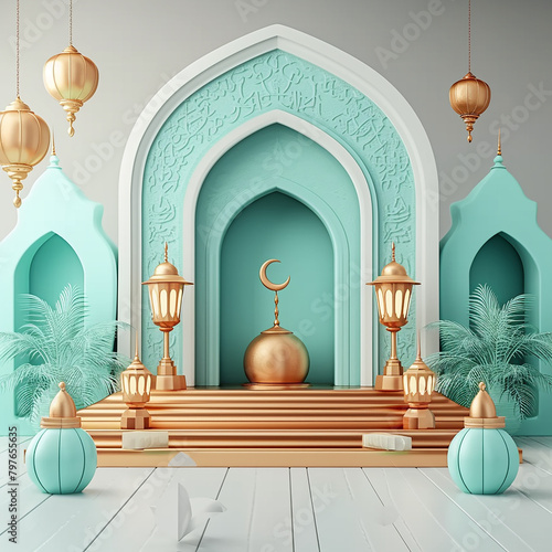 Ramadan Kareem with Arabic traditional light lantern Islamic mosque 3d background