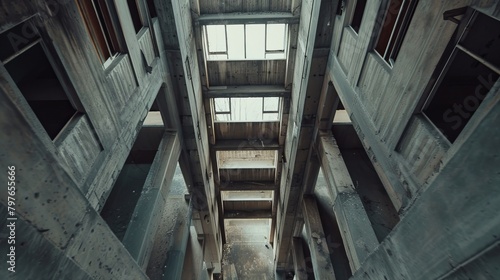 Aerial perspective inside an empty building, with cool grays dominating the scene to evoke a sense of desolation and eeriness photo