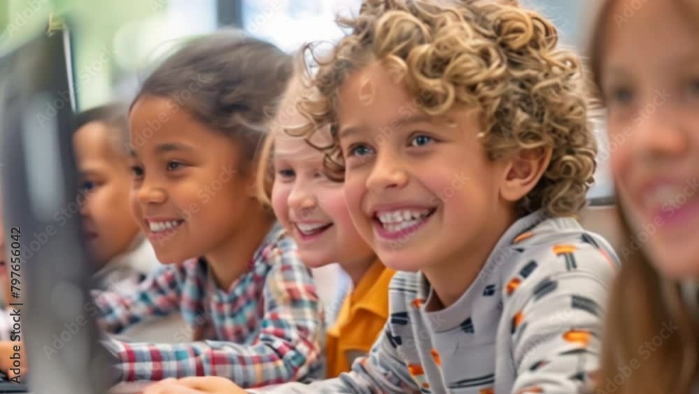 A close-up of the children's faces learning with lab top together in class, showing their excitement and engagement A close-up of the children's faces learning with lab top together in class, showing their excitement and engagement