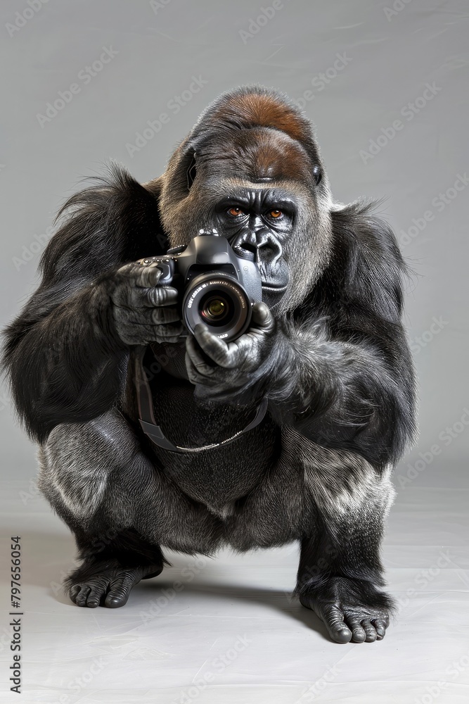 Gorilla with a camera. Studio shot. Gray background.