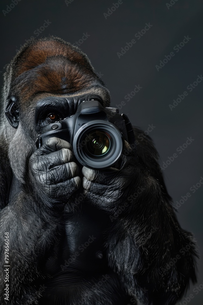 Portrait of a gorilla with a camera on a black background. Gorilla photographer