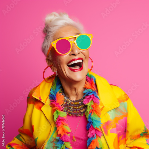 Portrait of laughing senior woman with fashionable clothing style