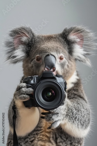 Cute koala puppy with a camera on a gray background. Koala photographer