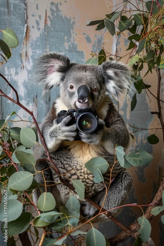 Koala in the eucalyptus tree with a camera