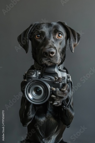 Studio shot of a black labrador retriever holding a camera.