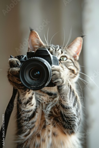 Cat photographer with camera on blurred background, closeup. Animal photography