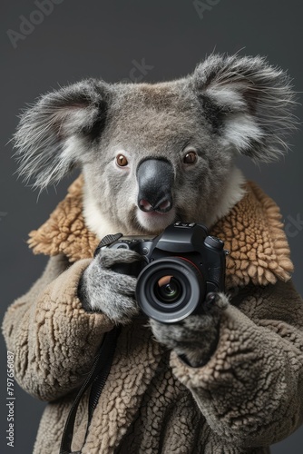 Koala in a fur coat with a camera on a gray background