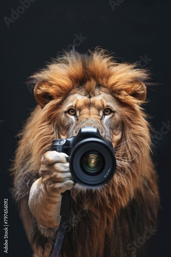 Portrait of a male lion with a camera on a black background. Lion photographer