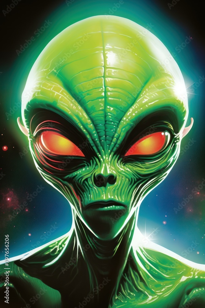 1970s airbrush art of a aliens green technology portrait. 1970s airbrush art of a aliens green technology portrait.