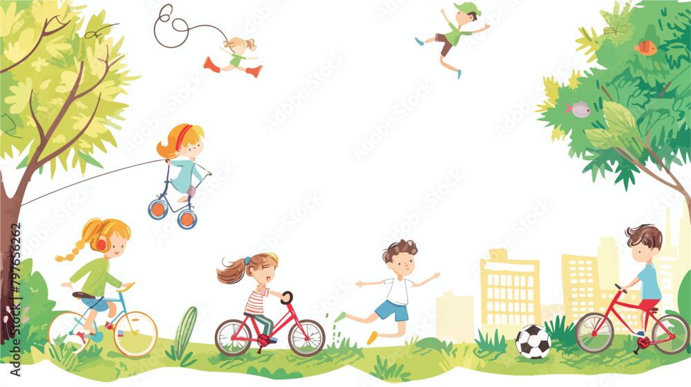 Vector illustration of children playing in the summer