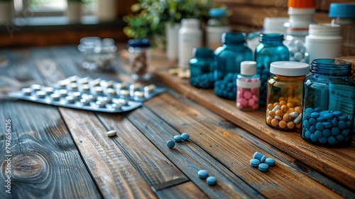Wooden Table Covered With Blue and Yellow Pills. Generative AI