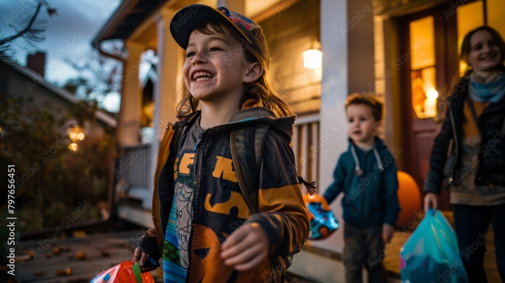 Young children excitedly dump out their Halloween candy loot on the ground outside a suburban house after an evening of trick-or-treating