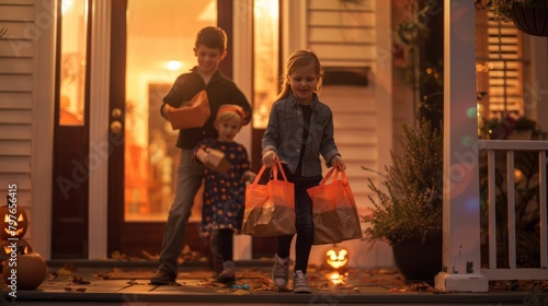 A man and a little girl are holding pumpkins, likely returning home after trick-or-treating