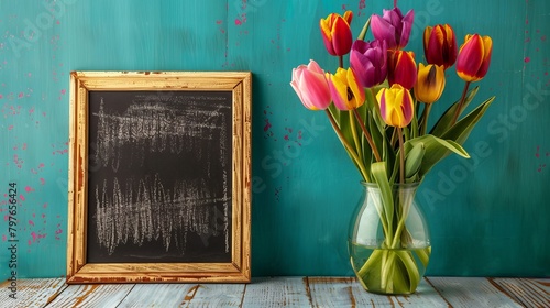 colorful tulips in a Vase with teal background and chalkboard, mother's day #797656424