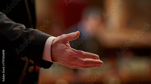 Closeup of a person in a suit holding their hand out while presenting at a business seminar