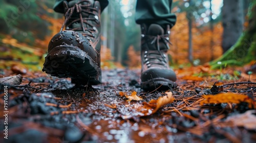 A pair of hiking boots standing on a muddy trail in the woods surrounded by fallen leaves and pine needles