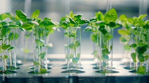 Close-up shot of vibrant green plants growing inside individual glass vases arranged neatly on a laboratory bench