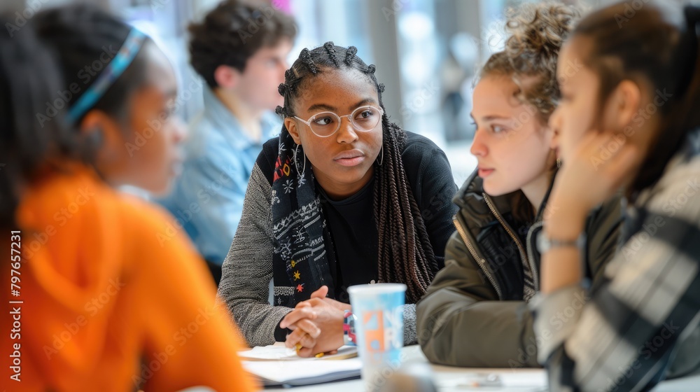 Diverse young people in thoughtful discussion at an International Youth Day event. International Youth Day