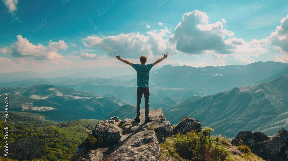 Young individual on mountain top with open arms, symbolizing ambition on Youth Day. International Youth Day Young individual on mountain top with open arms, symbolizing ambition on Youth Day. International Youth Day