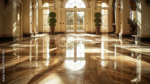 A large room featuring expansive windows and elegant marble floors  creating a bright and luxurious ambiance
