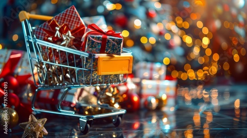 A shopping cart filled with colorful presents is placed on top of a table against a festive backdrop photo